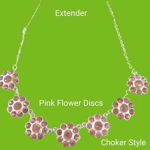 Vintage Avon Silver tone Pink Crystal Flower Disc Choker Necklace 17" W/3...